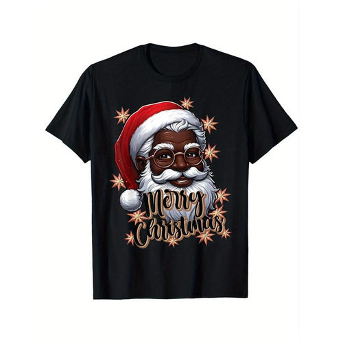 African American Santa Christmas Pajama Black X-Mas T-Shirt 100% Cotton Round Neck T-shirt for Men Women Family Friends, Bold Humorous Design, Perfect for Casual Gatherings & Holidays