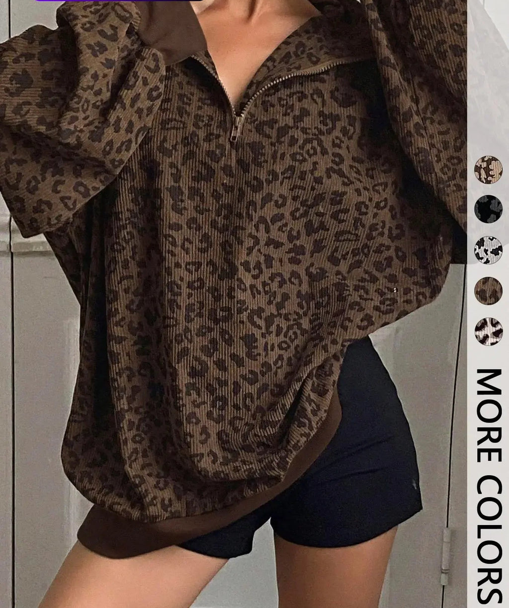 Leopard Print Quarter Zip Pullover – Women's Trendy Casual Sweatshirt