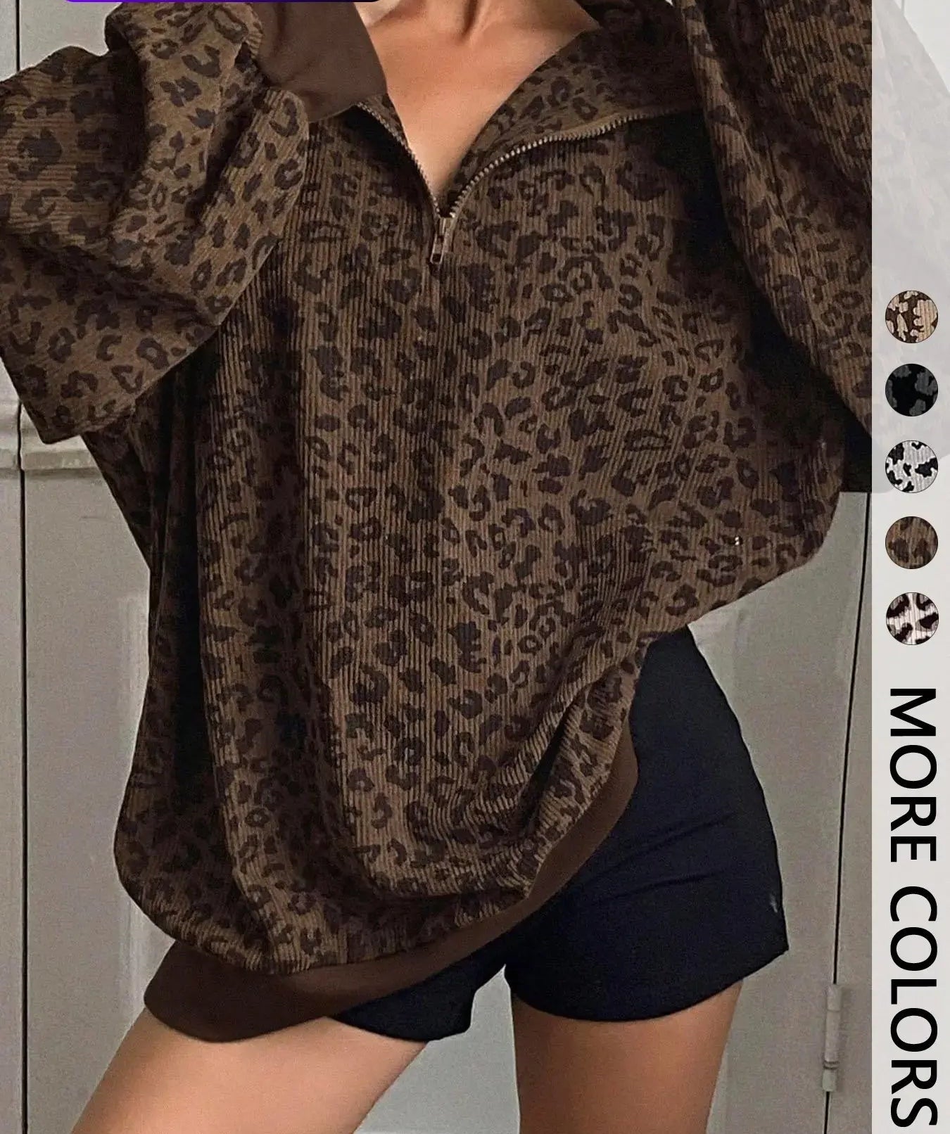 Leopard Print Quarter Zip Pullover – Women's Trendy Casual Sweatshirt