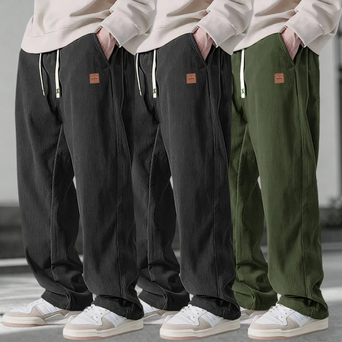 Men’s 3-Pack Corduroy Pants – Loose Fit Drawstring Casual Straight Leg Trousers