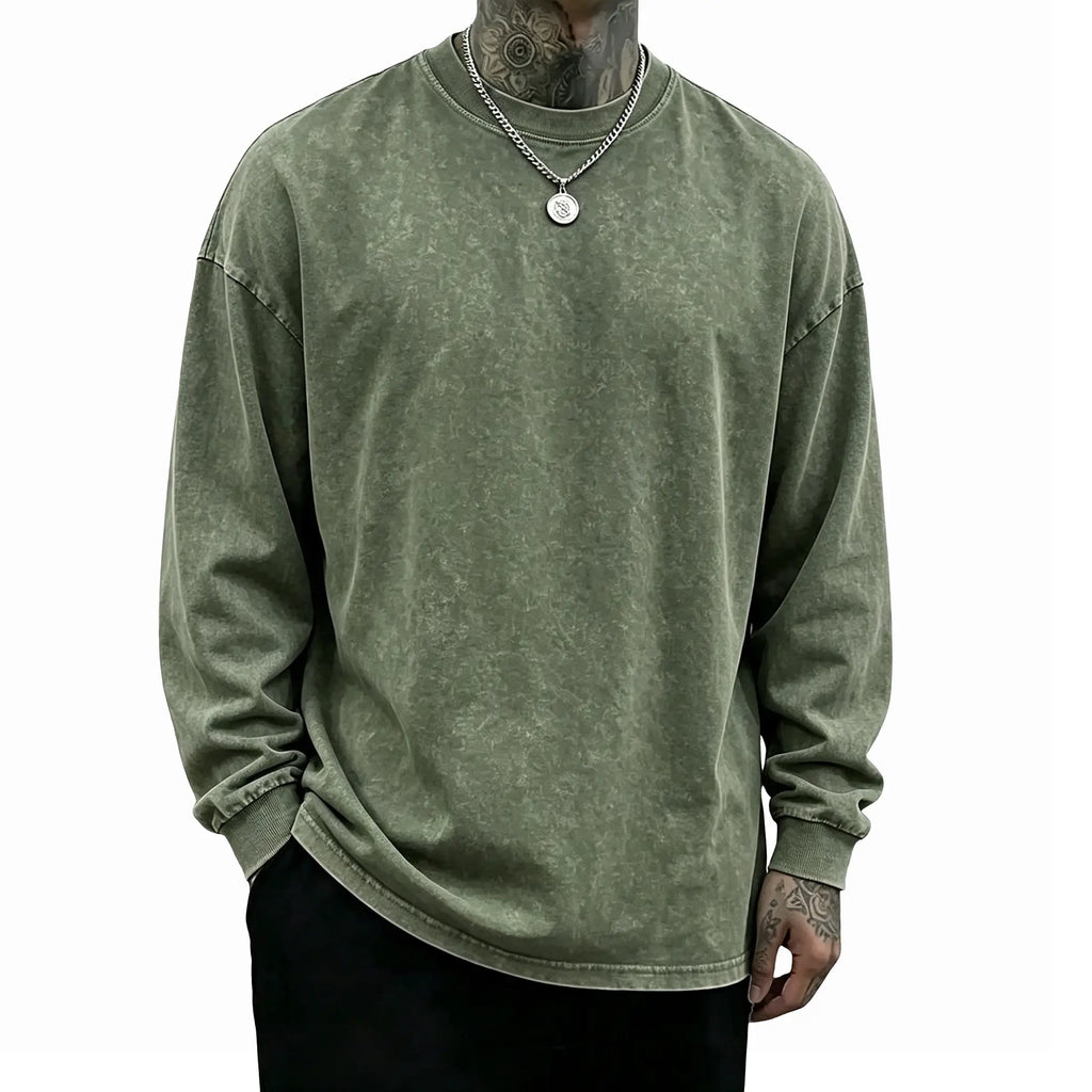Men’s Vintage Washed Long Sleeve T-Shirt/Sweatshirt/Hoodie – Oversized Crewneck Relaxed Fit Streetwear Tee
