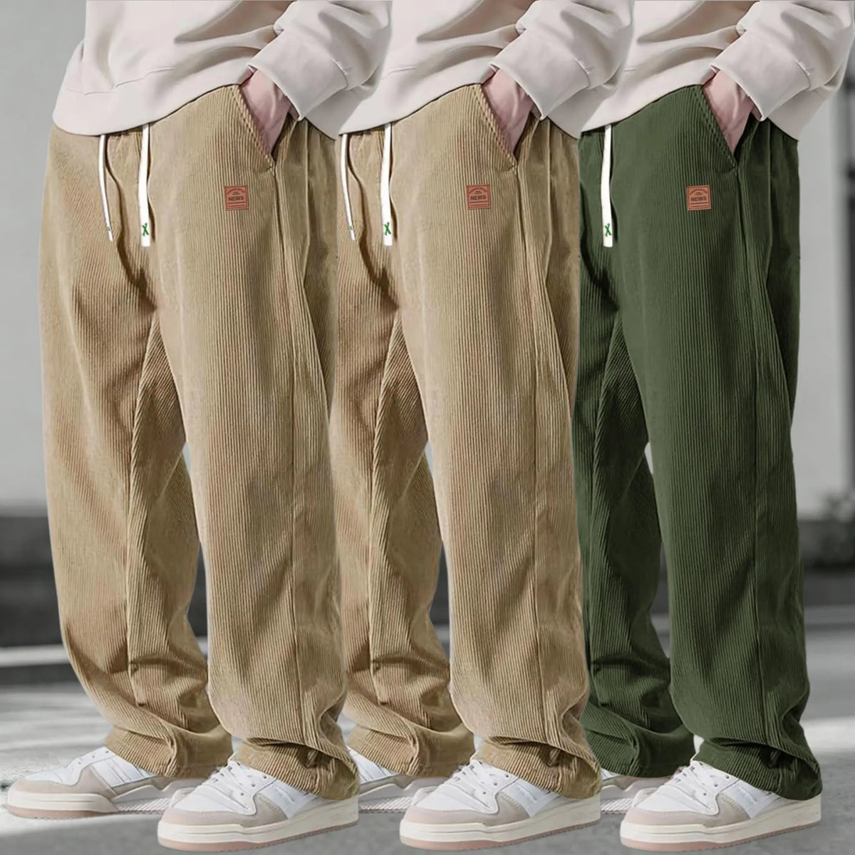 Men’s 3-Pack Corduroy Pants – Loose Fit Drawstring Casual Straight Leg Trousers
