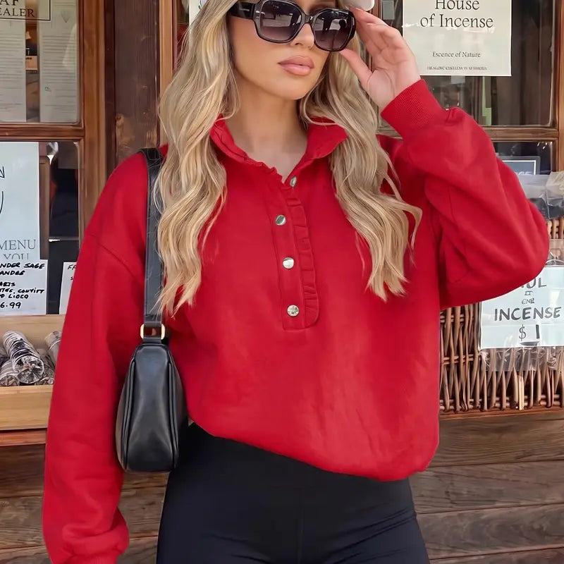 Women's Ruffle Mock Neck Sweatshirt – Oversized Snap Button Casual Pullover