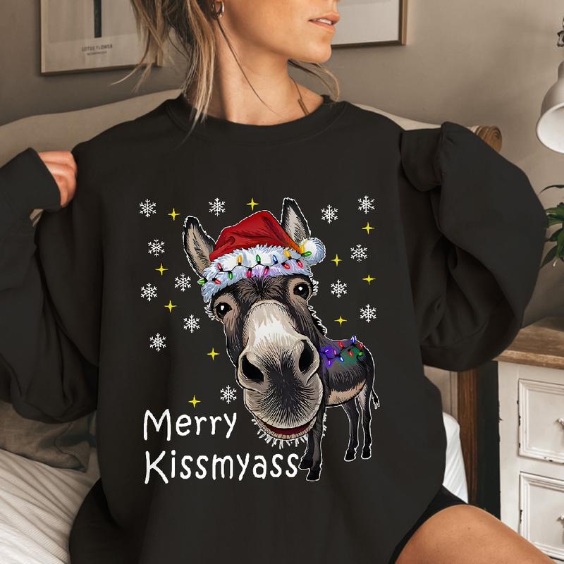 Men's Funny Donkey Santa Hat and MERRY KISSMYASS Christmas Print T-Shirt - Unisex Casual T-Shirt - Adult Humor Holiday Party Outfit