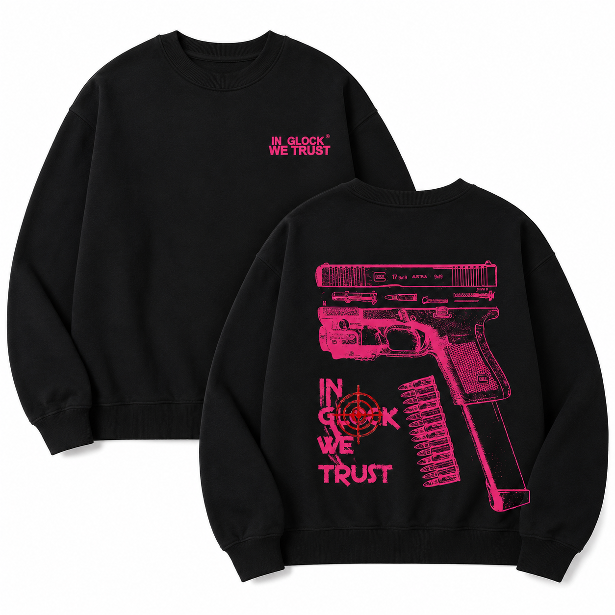 In Glock We Trust Graphic Hoodie/Sweatshirt/T-shirt – Bold Firearm Blueprint Print Pullover, Casual Streetwear Sweatshirt