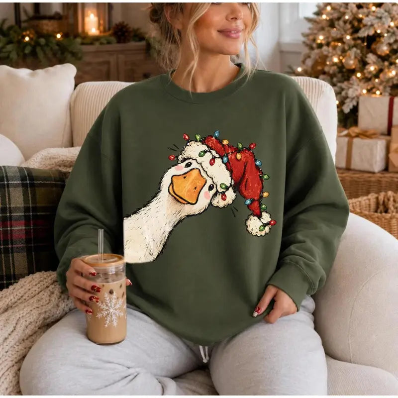 Funny Christmas Goose Sweatshirt/Hoodie/T-Shirt – Cute Santa Hat & Holiday Lights Graphic Crewneck, Festive Green Pullover for Women