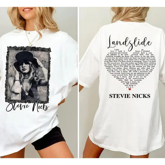 Stevie Nicks Landslide Shirt/Sweatshirt/Hoodie – Vintage Portrait Front & Back Graphic T-Shirt, Retro Music Tee