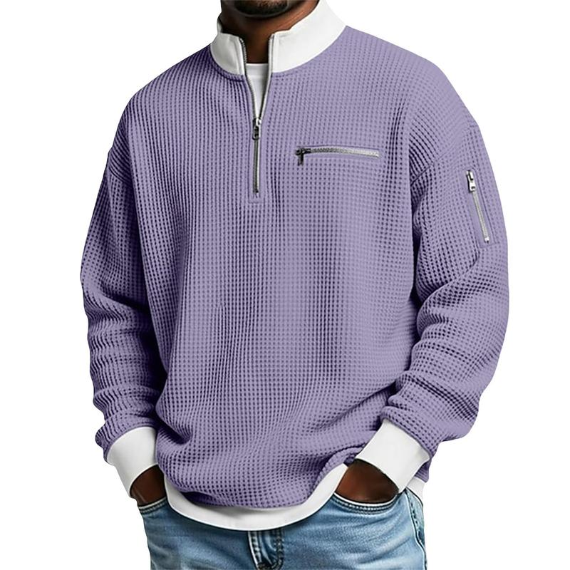 Men's Waffle Knit Quarter-Zip Pullover – Contrast Collar Casual Sweatshirt