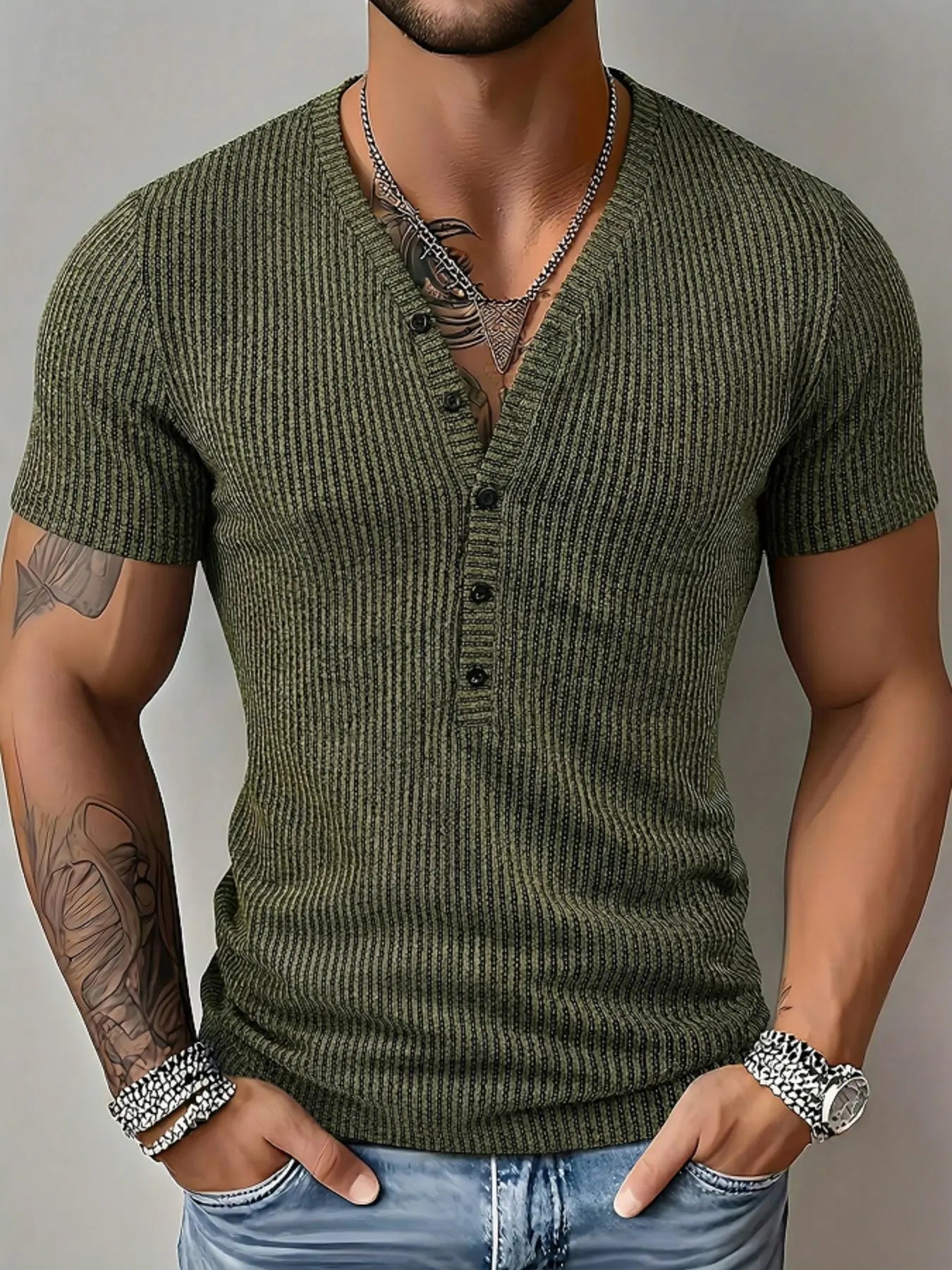 Men's Slim Fit Ribbed Henley Tee