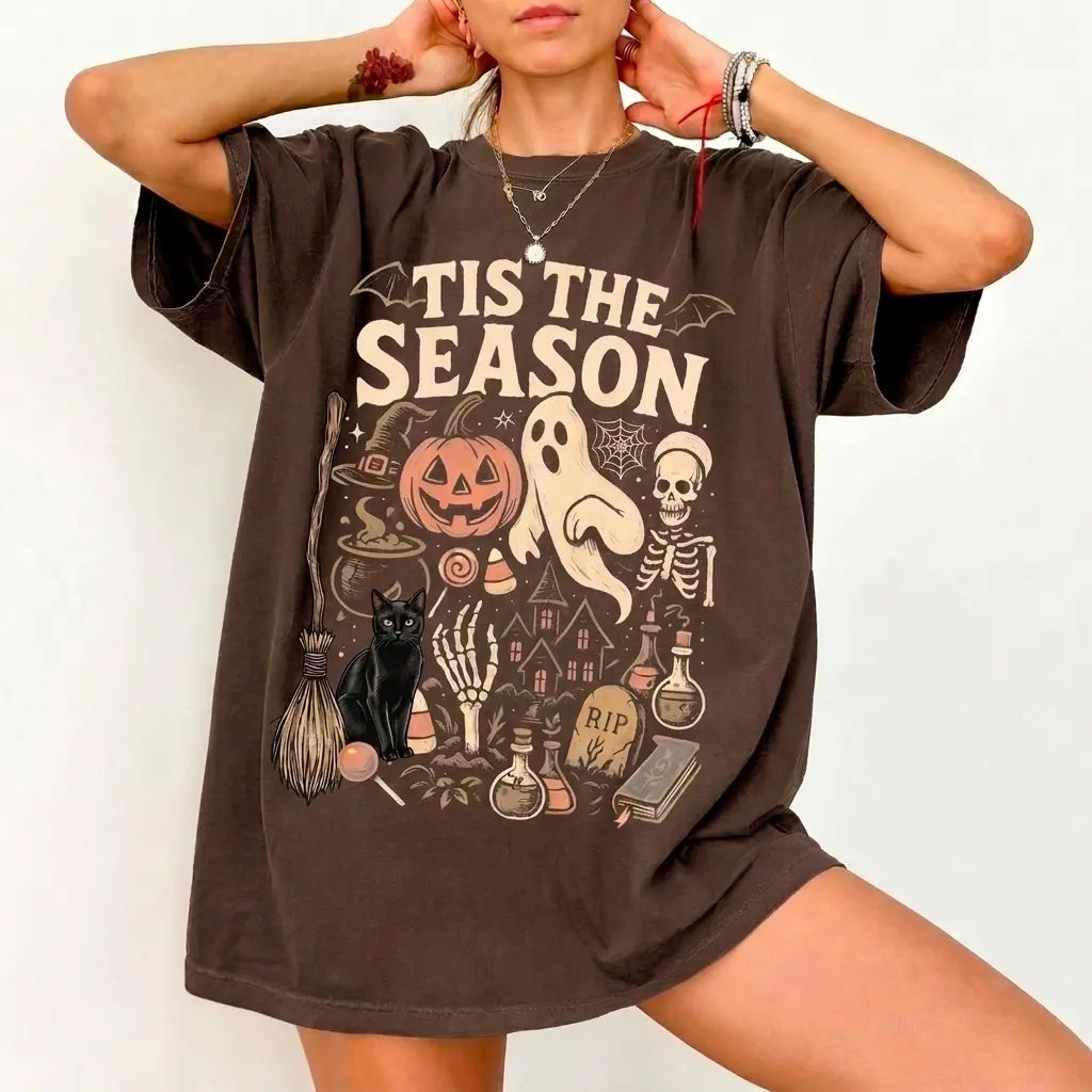Tis the Season Halloween Shirt/Sweatshirt/Hoodie – Vintage Ghost Pumpkin Black Cat Graphic Tee, Spooky Fall T-Shirt