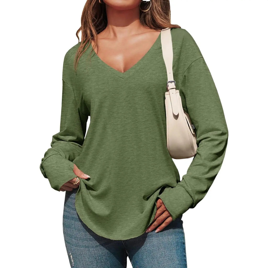 Women’s V Neck Long Sleeve Tunic Top – Loose Fit Curved Hem Casual Basic T-Shirt