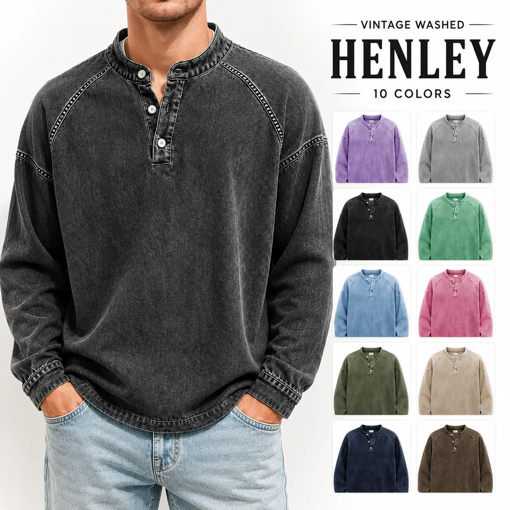 Men’s Vintage Washed Henley Pullover – 3-Button Long Sleeve Relaxed Fit Casual Shirt