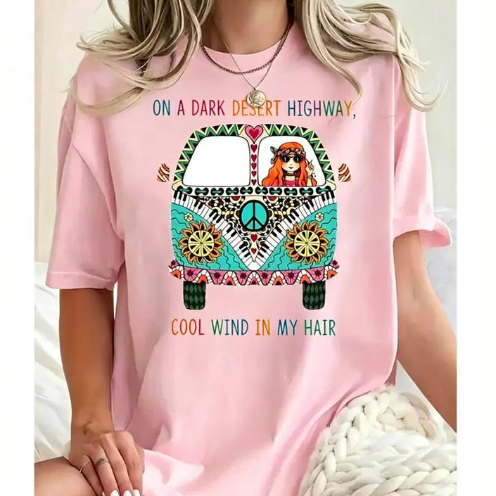 🎶Colorful Bohemian Graphic Tee/Sweatshirt/Hoodie for Plus Size Women Showcasing Hippie Bus Desert Scene and Dark Highway Quote