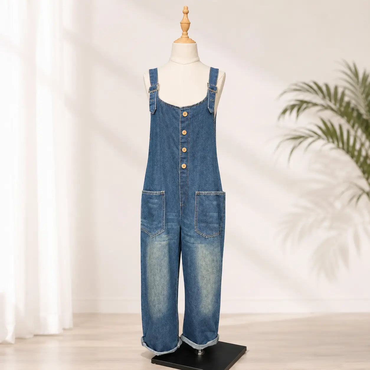 Women’s Loose Fit Denim Overalls – Adjustable Strap Button Front Jumpsuit with Large Pockets