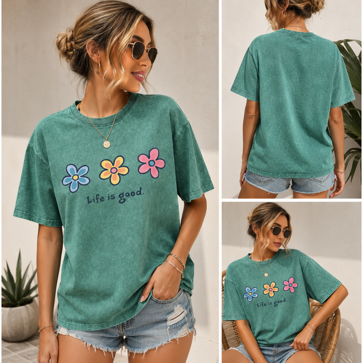 Life Is Good Daisy Tee 🌼 – Vintage Wash Oversized T-Shirt