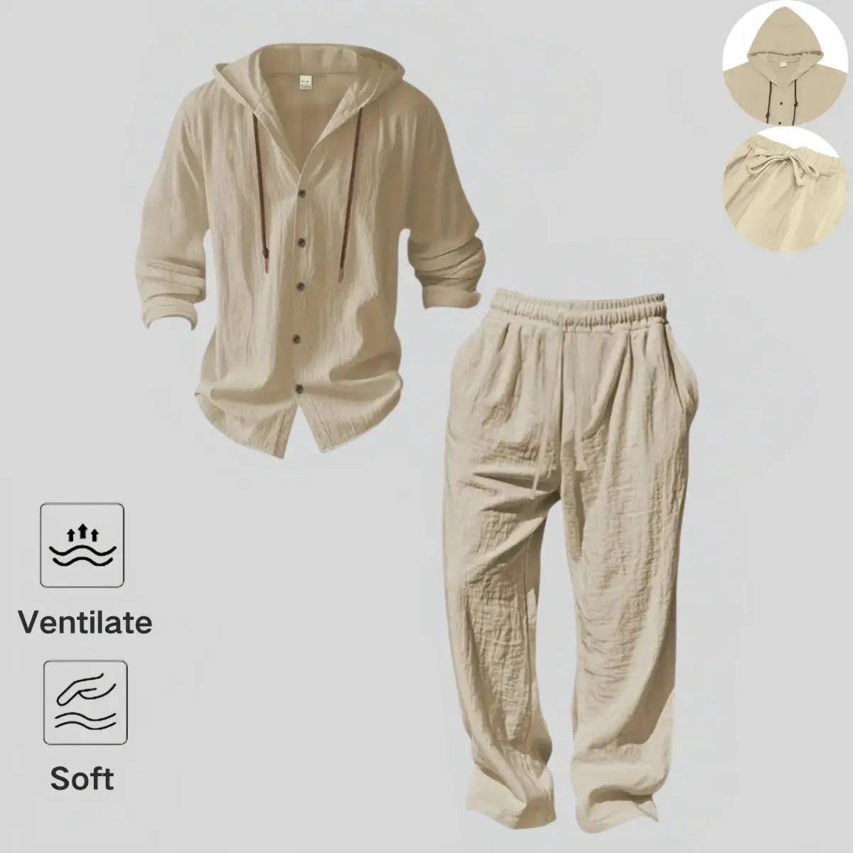 Men's Linen Hooded Set – Lightweight Button Shirt & Relaxed Pants