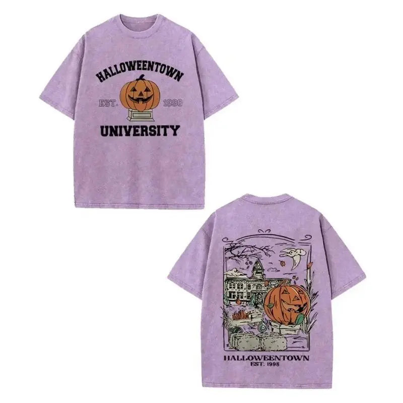Halloweentown University Vintage Halloween T-Shirt/Sweatshirt/Hoodie – Pumpkin Front & Back Graphic Washed Tee