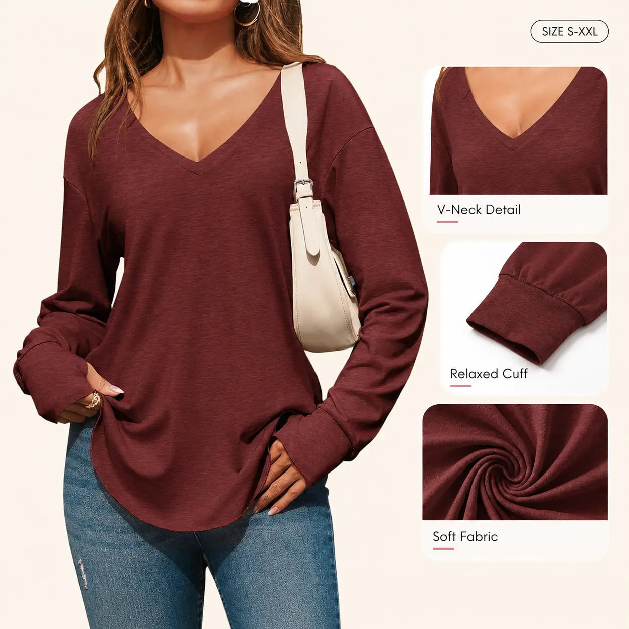 Women’s V Neck Long Sleeve Tunic Top – Loose Fit Curved Hem Casual Basic T-Shirt