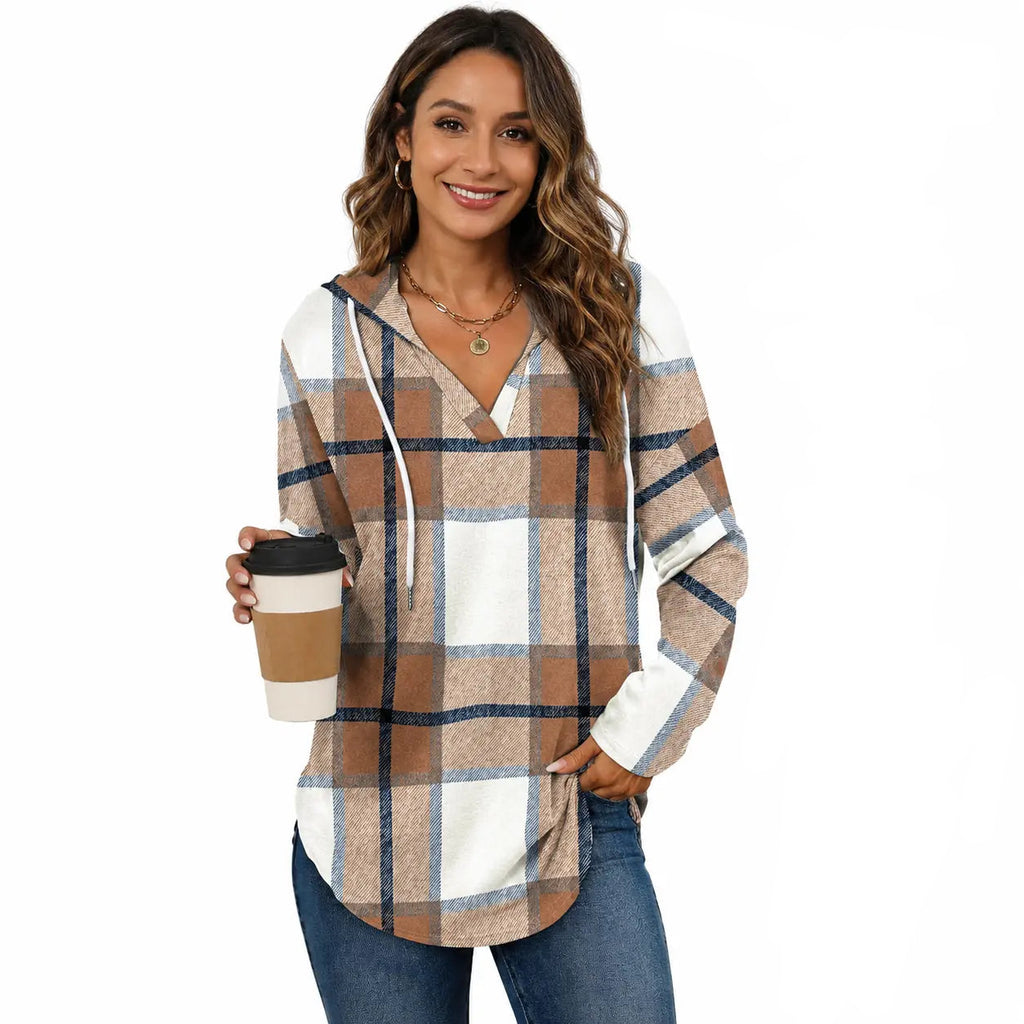 Women's Plaid Hooded Pullover – Casual Long Sleeve Fall Top