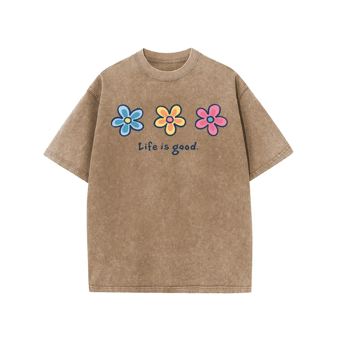 Life Is Good Daisy Tee 🌼 – Vintage Wash Oversized T-Shirt