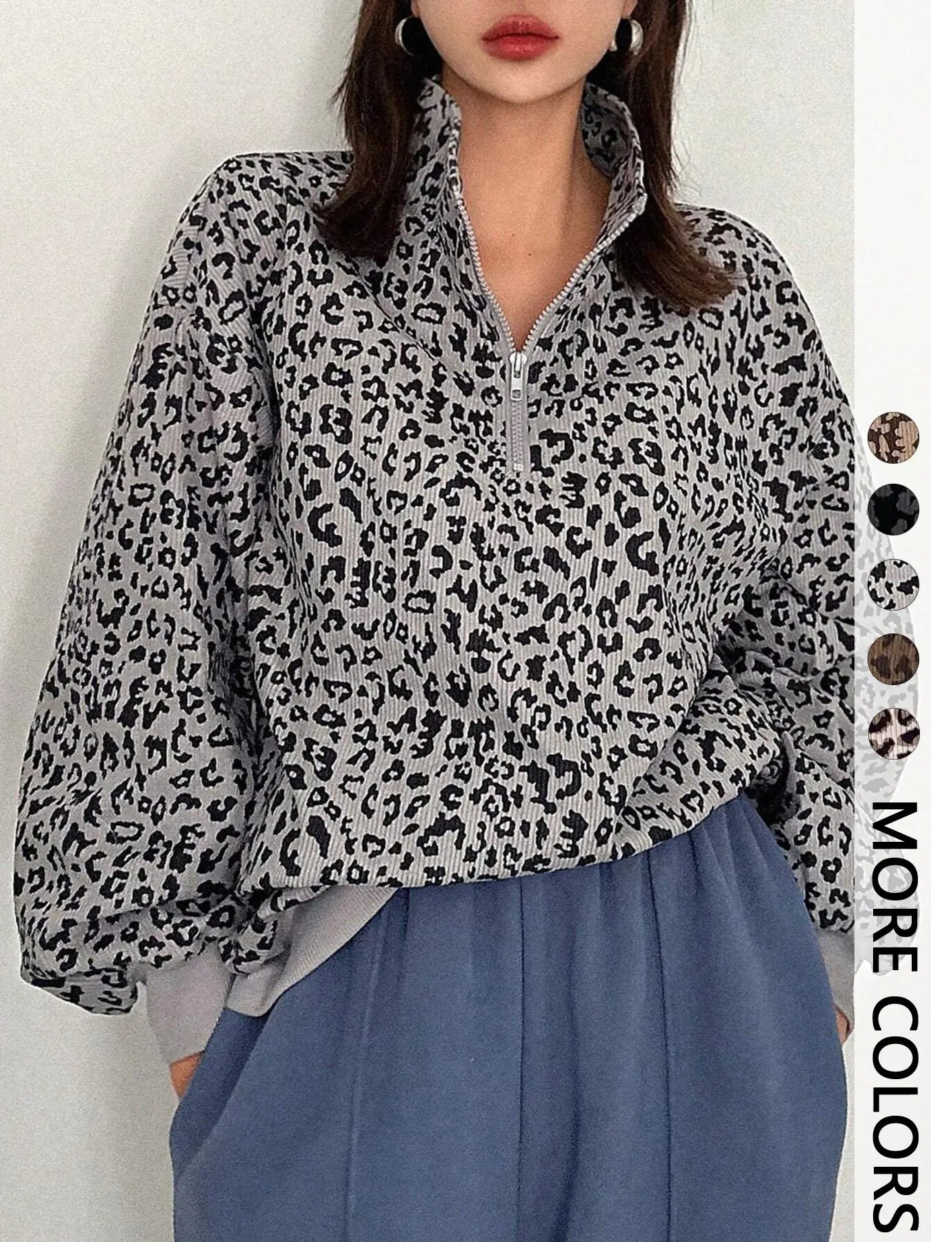 Leopard Print Quarter Zip Pullover – Women's Trendy Casual Sweatshirt