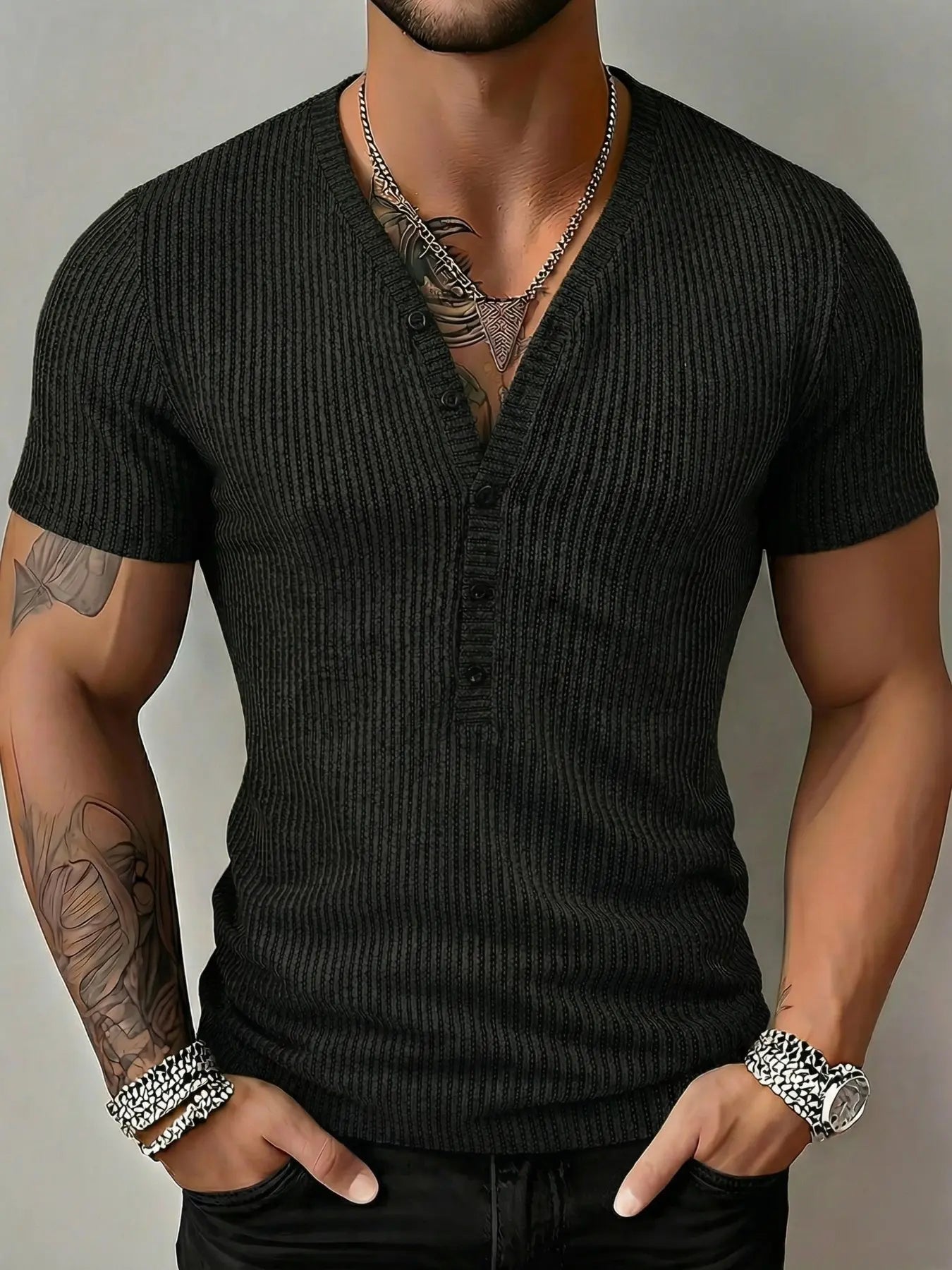 Men's Slim Fit Ribbed Henley Tee