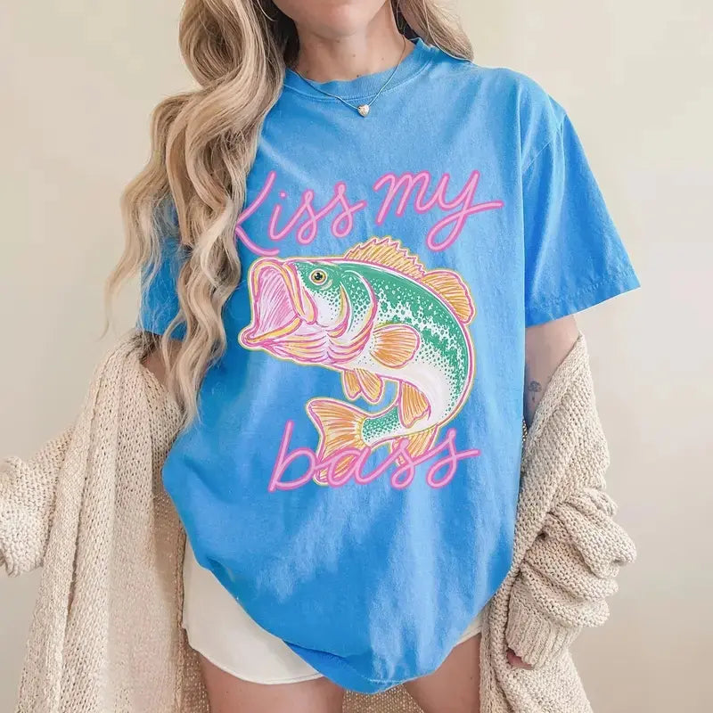 BojjiCo Kiss My Bass Fish T-Shirt/Sweatshirt/Hoodie - Cute Preppy Lake Life Outfit Sassy Fishing Gift for Her
