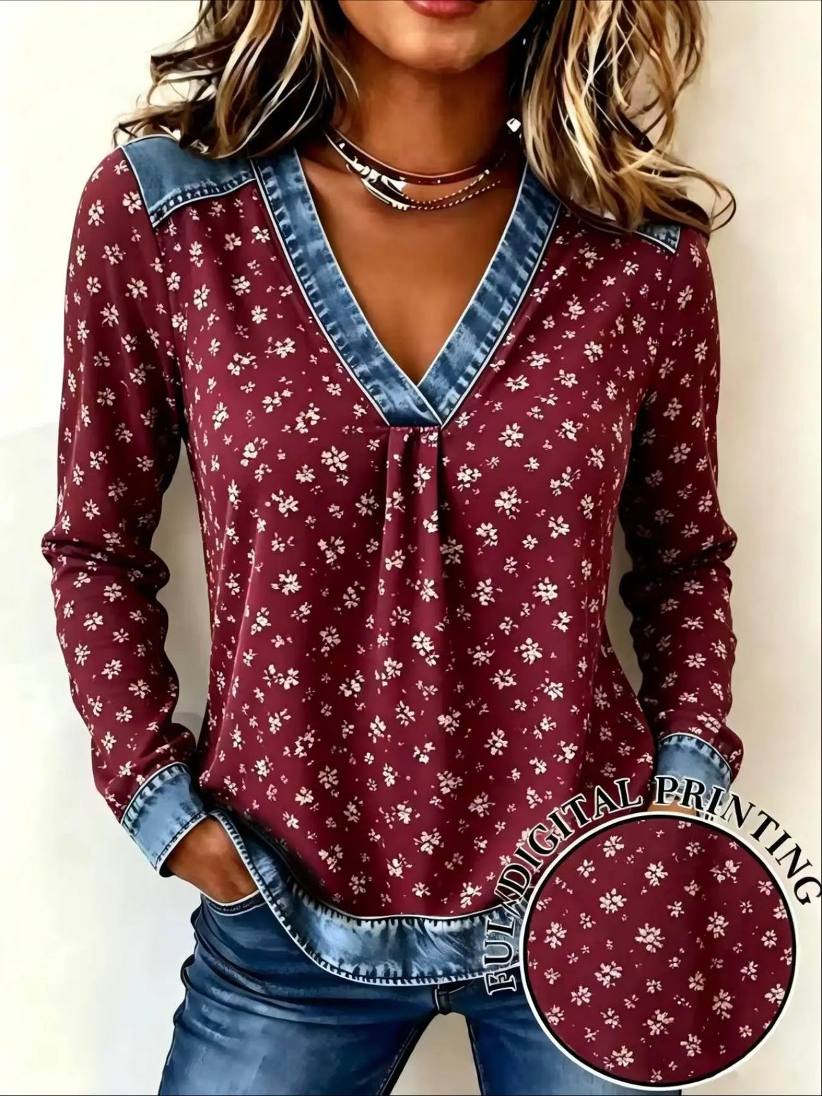 Women’s Plaid V-Neck Top – Faux Denim Trim Long Sleeve Casual Shirt