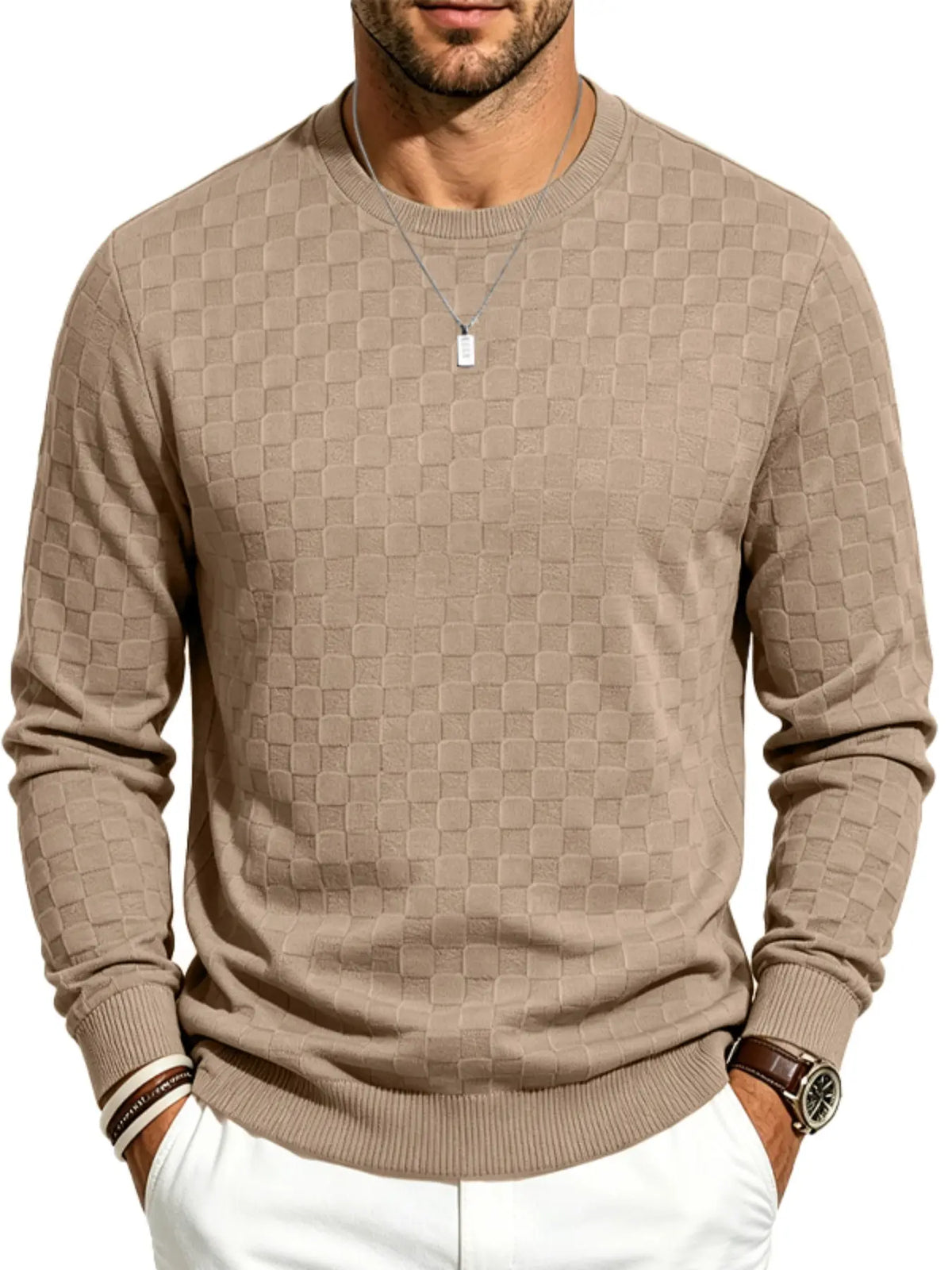 4-Pack Men’s Checkered Knit Sweaters – Lightweight Crewneck Long Sleeve Pullovers