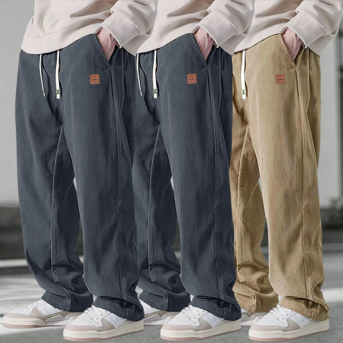Men’s 3-Pack Corduroy Pants – Loose Fit Drawstring Casual Straight Leg Trousers