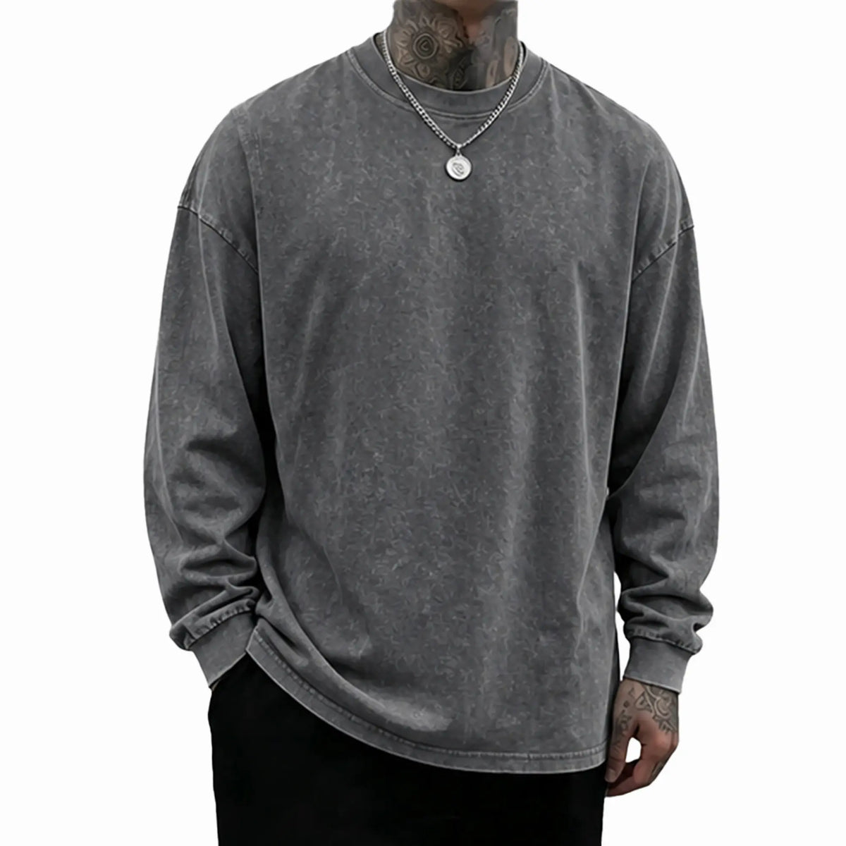 Men’s Vintage Washed Long Sleeve T-Shirt/Sweatshirt/Hoodie – Oversized Crewneck Relaxed Fit Streetwear Tee
