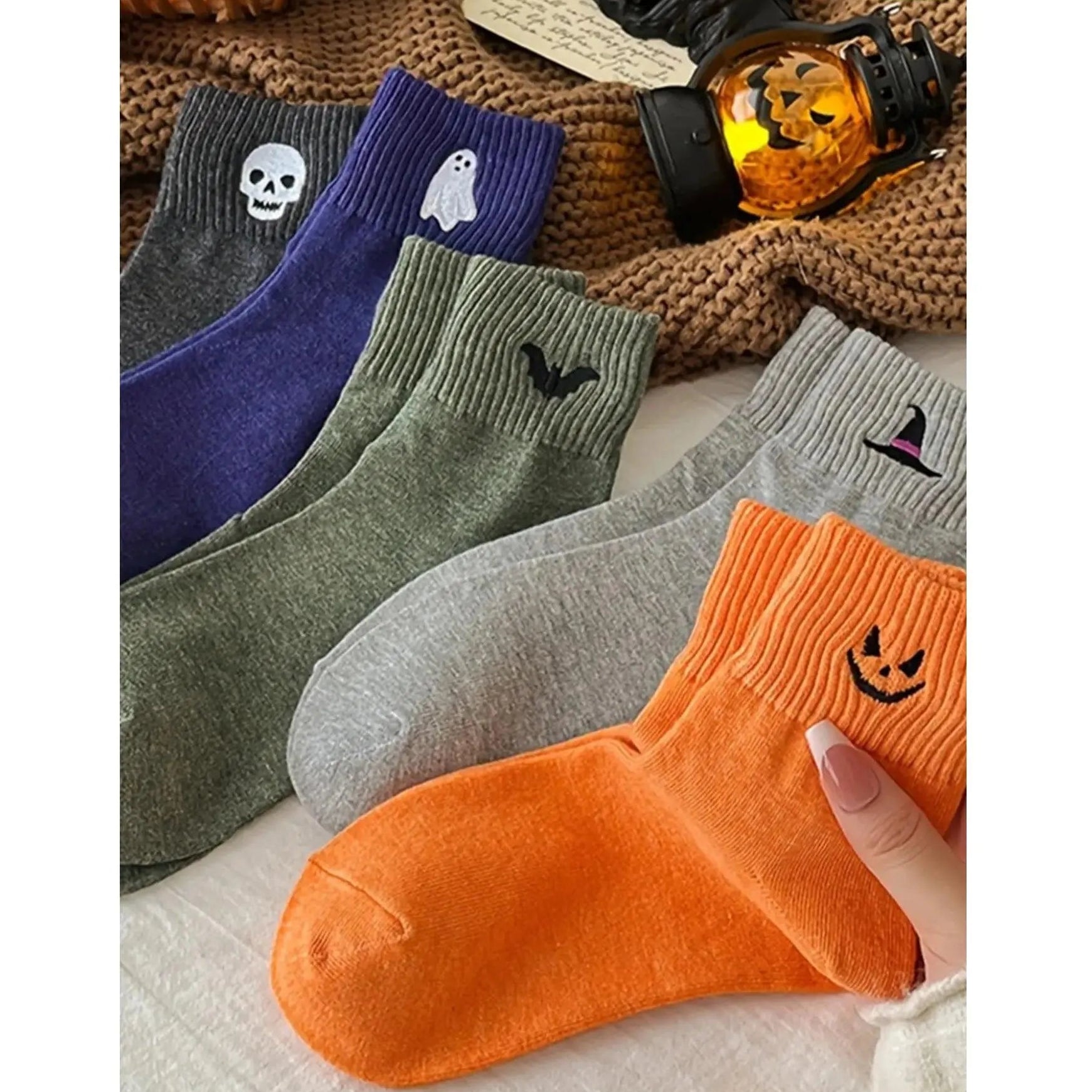 Cute Halloween Embroidered Socks Set | Cozy Fall Pumpkin Ghost Crew Socks