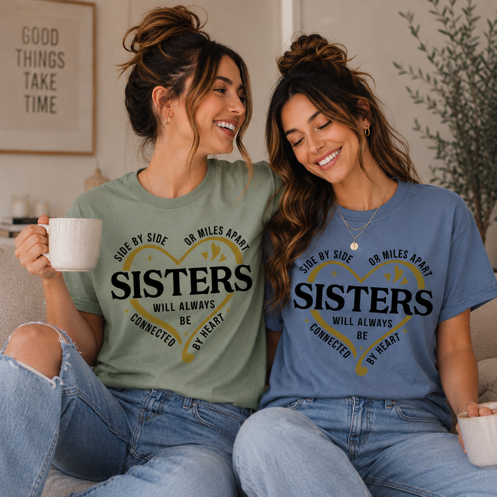 “Side by Side or Miles Apart” Sisters T-Shirt/Sweatshirt/Hoodie ❤️ – Connected by Heart Tee