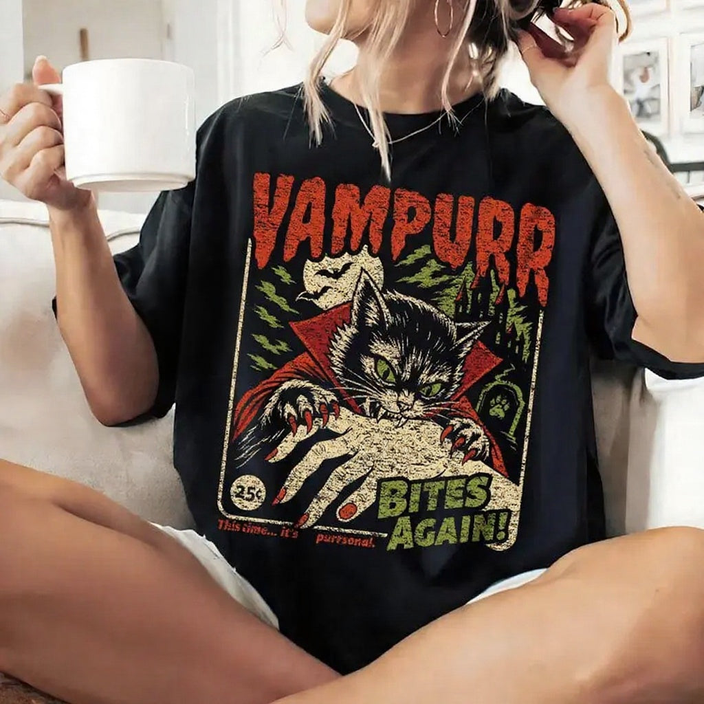 🧛‍Vampurr Bites Again T-Shirt/Sweatshirt/Hoodie – Retro Vampire Cat Halloween Graphic Tee