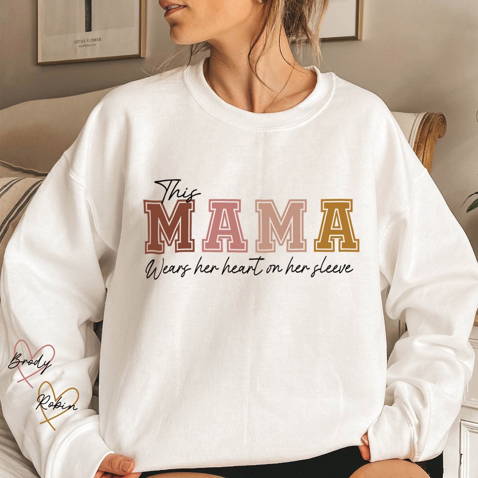 Personalized MAMA Wears Her Heart On Her Sleeve Sweatshirt