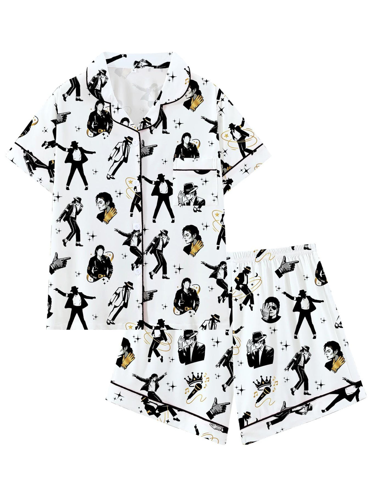 Vintage Music Icon Pajama Set – All-Over Print Button-Up Shirt & Shorts Sleepwear