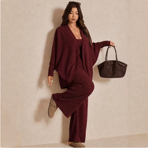 Women's Cozy 3-Piece Knit Lounge Set – Cardigan, Tank Top & Wide-Leg Pants