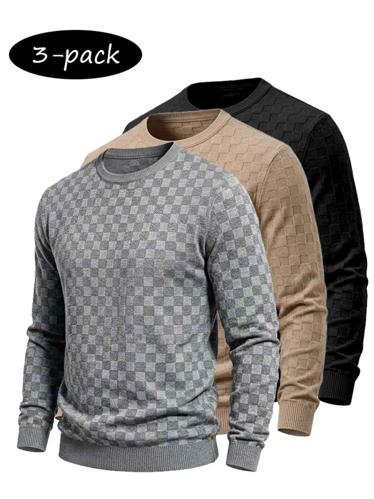 4-Pack Men’s Checkered Knit Sweaters – Lightweight Crewneck Long Sleeve Pullovers