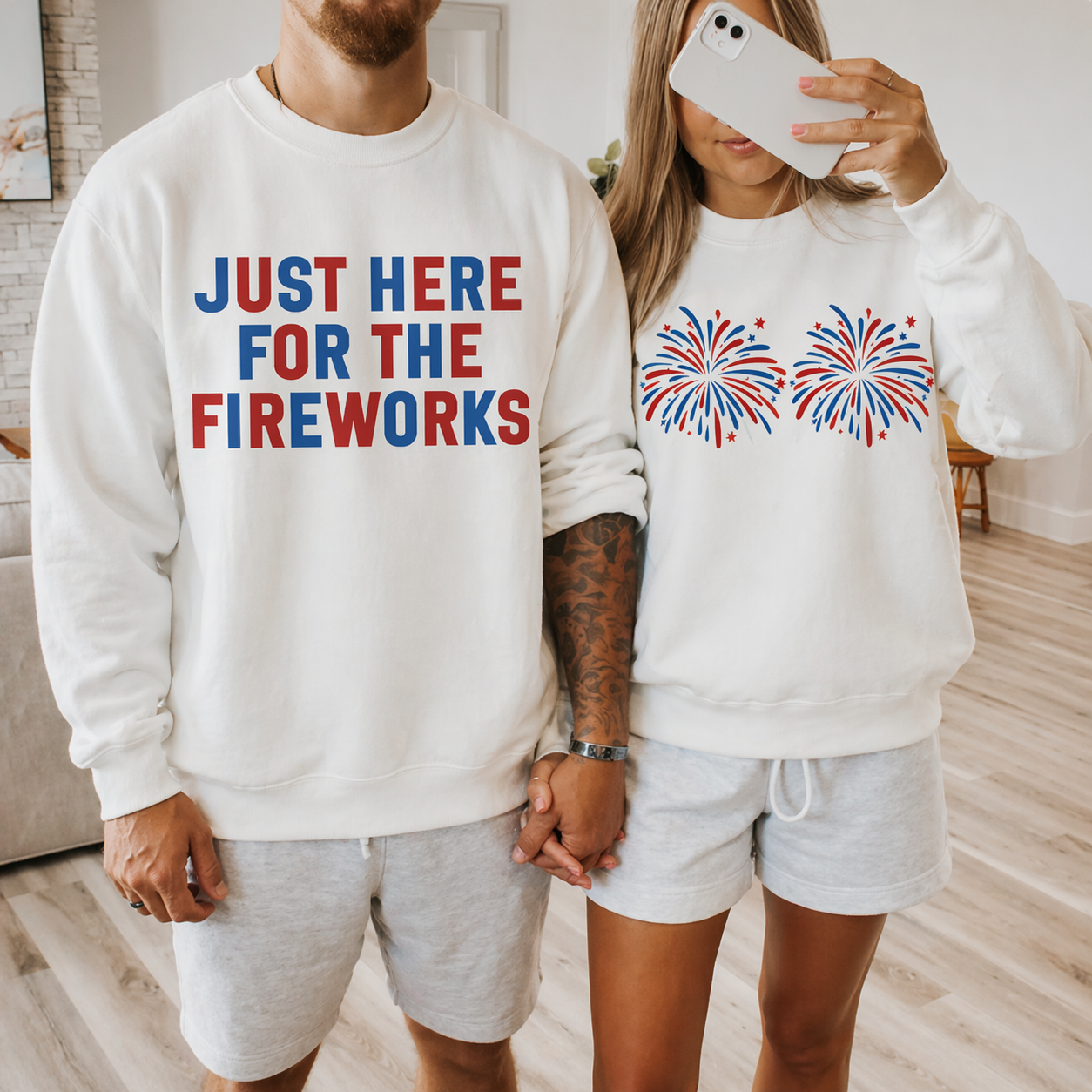 “Just Here for the Fireworks” Couple Shirts/Sweatshirt/Hoodie – 4th of July Matching Tees
