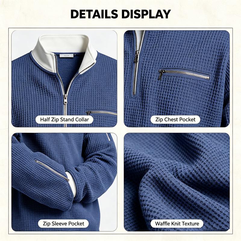 Men's Waffle Knit Quarter-Zip Pullover – Contrast Collar Casual Sweatshirt