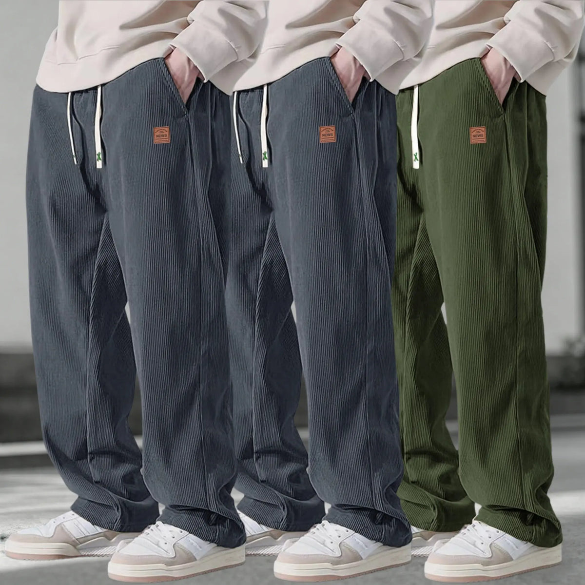 Men’s 3-Pack Corduroy Pants – Loose Fit Drawstring Casual Straight Leg Trousers