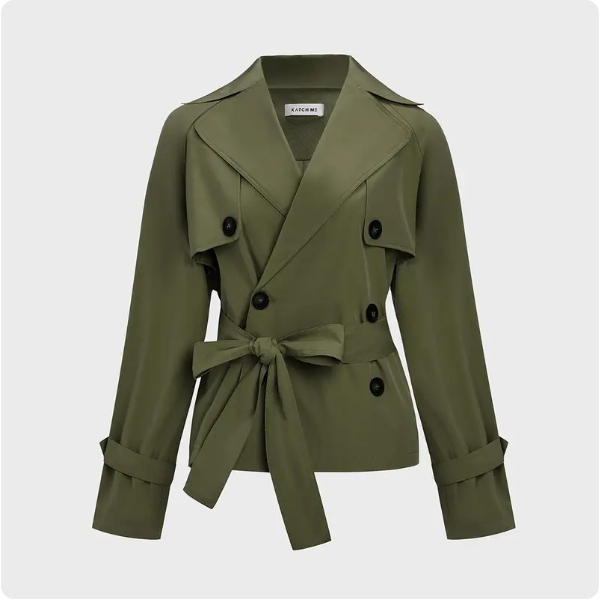 Women's Chic Belted Short Trench Jacket – Double-Breasted Fall Coat