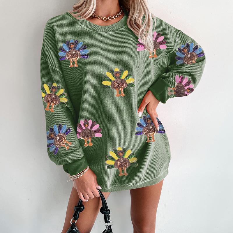 Women's Sequin Print Effect Turkey Thanksgiving Sweatshirt – Oversized Corded Holiday Pullover
