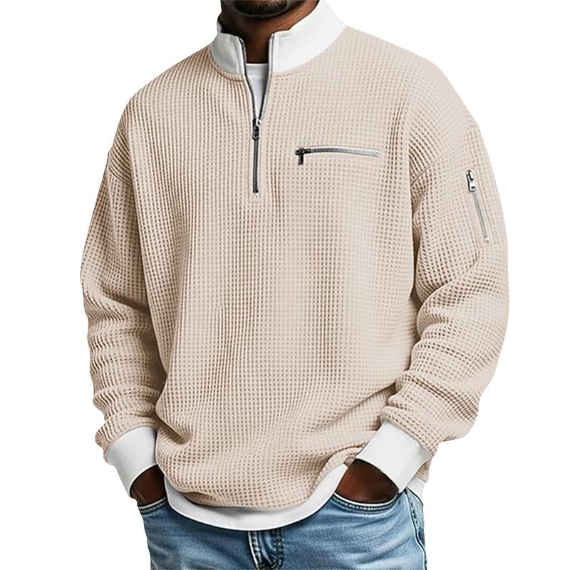Men's Waffle Knit Quarter-Zip Pullover – Contrast Collar Casual Sweatshirt