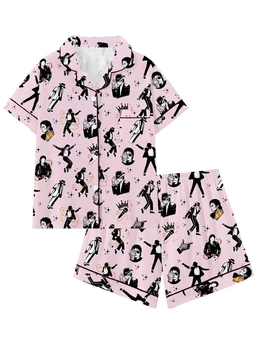 Vintage Music Icon Pajama Set – All-Over Print Button-Up Shirt & Shorts Sleepwear