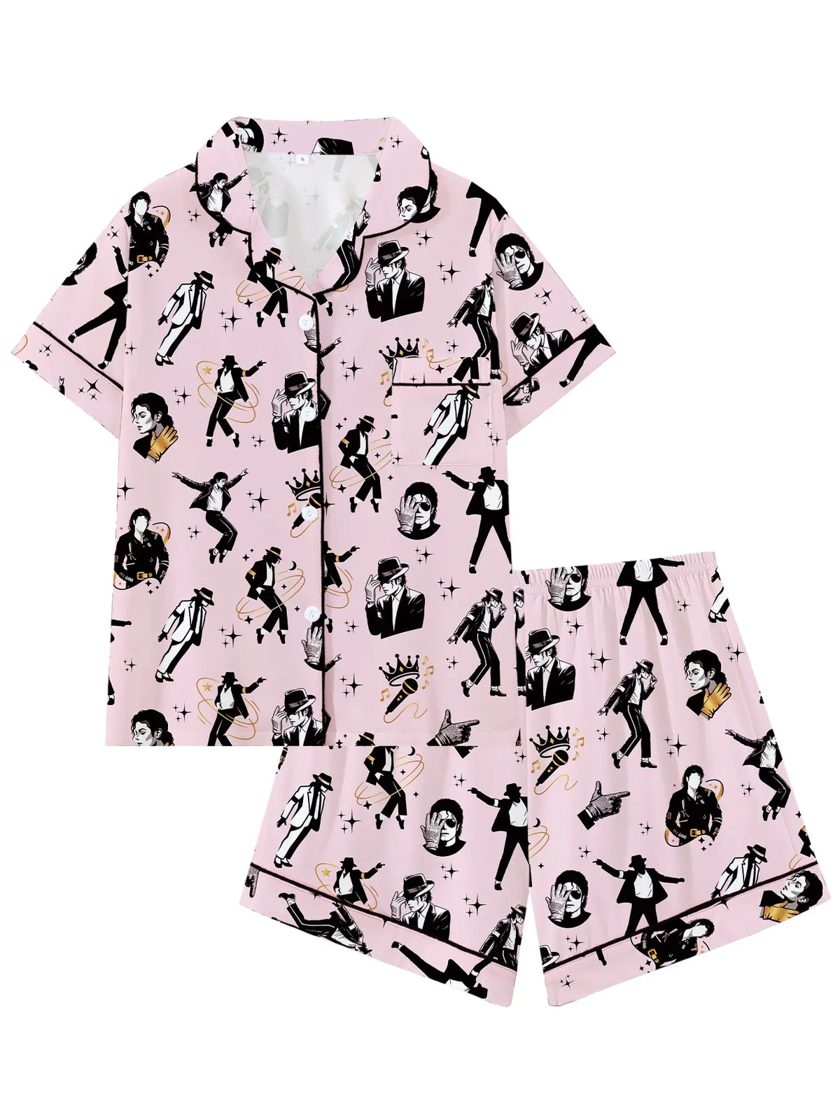 Vintage Music Icon Pajama Set – All-Over Print Button-Up Shirt & Shorts Sleepwear