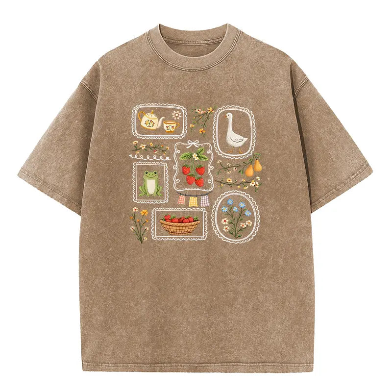 Vintage Cottagecore Goose & Strawberry Graphic T-Shirt/Sweatshirt/Hoodie - Acid Wash Folk Art Nature