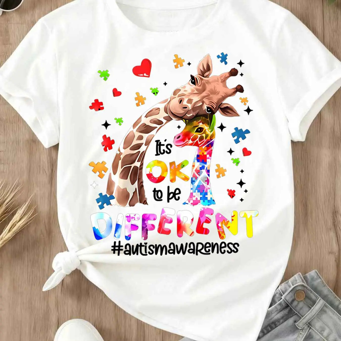 “Ok To Be Different” Autism Awareness Shirt/Sweatshirt/Hoodie – Giraffe Puzzle Heart Graphic Tee for Women