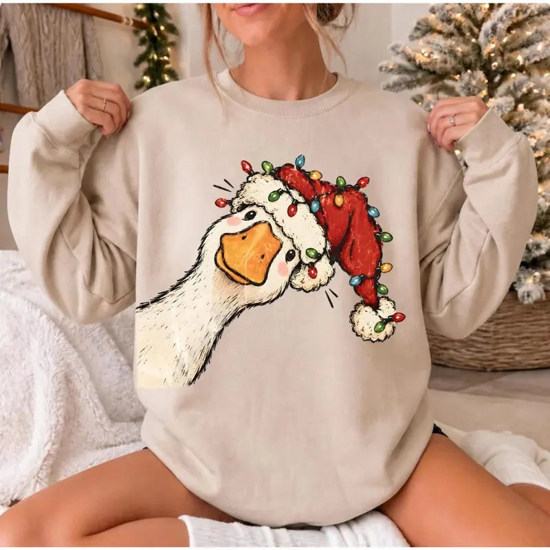 Funny Christmas Goose Sweatshirt/Hoodie/T-Shirt – Cute Santa Hat & Holiday Lights Graphic Crewneck, Festive Green Pullover for Women