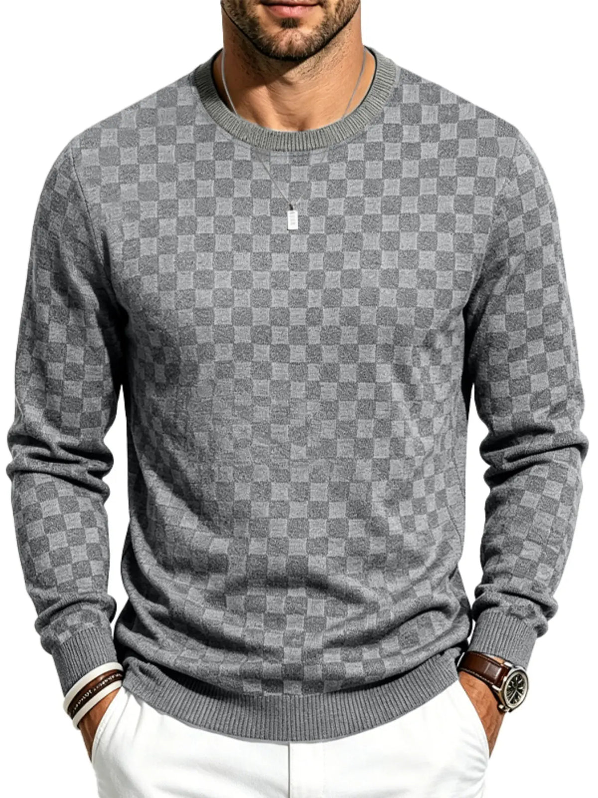 4-Pack Men’s Checkered Knit Sweaters – Lightweight Crewneck Long Sleeve Pullovers